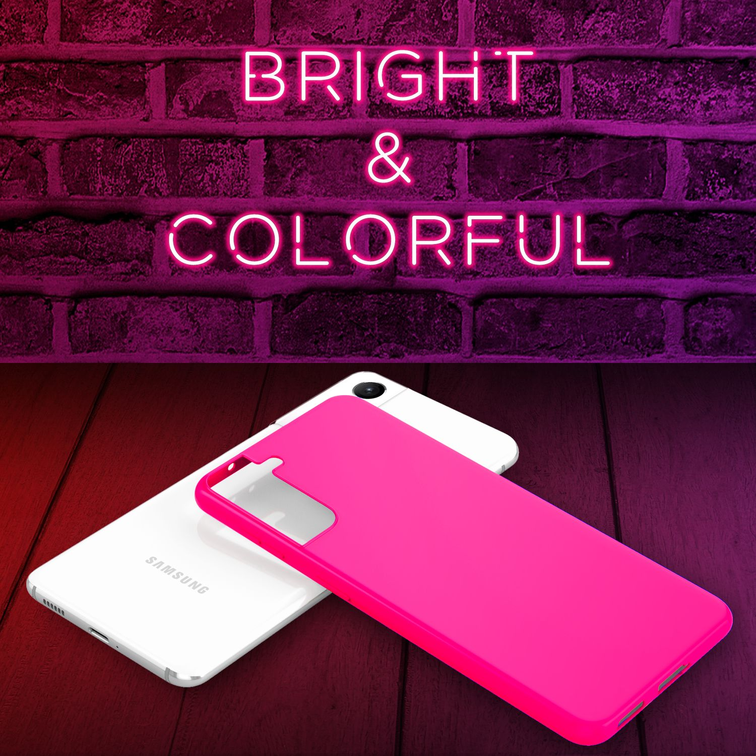 Rosa Handyhülle auf weißem Telefon. Neon-Schild: 'Bright & Colorful'.
