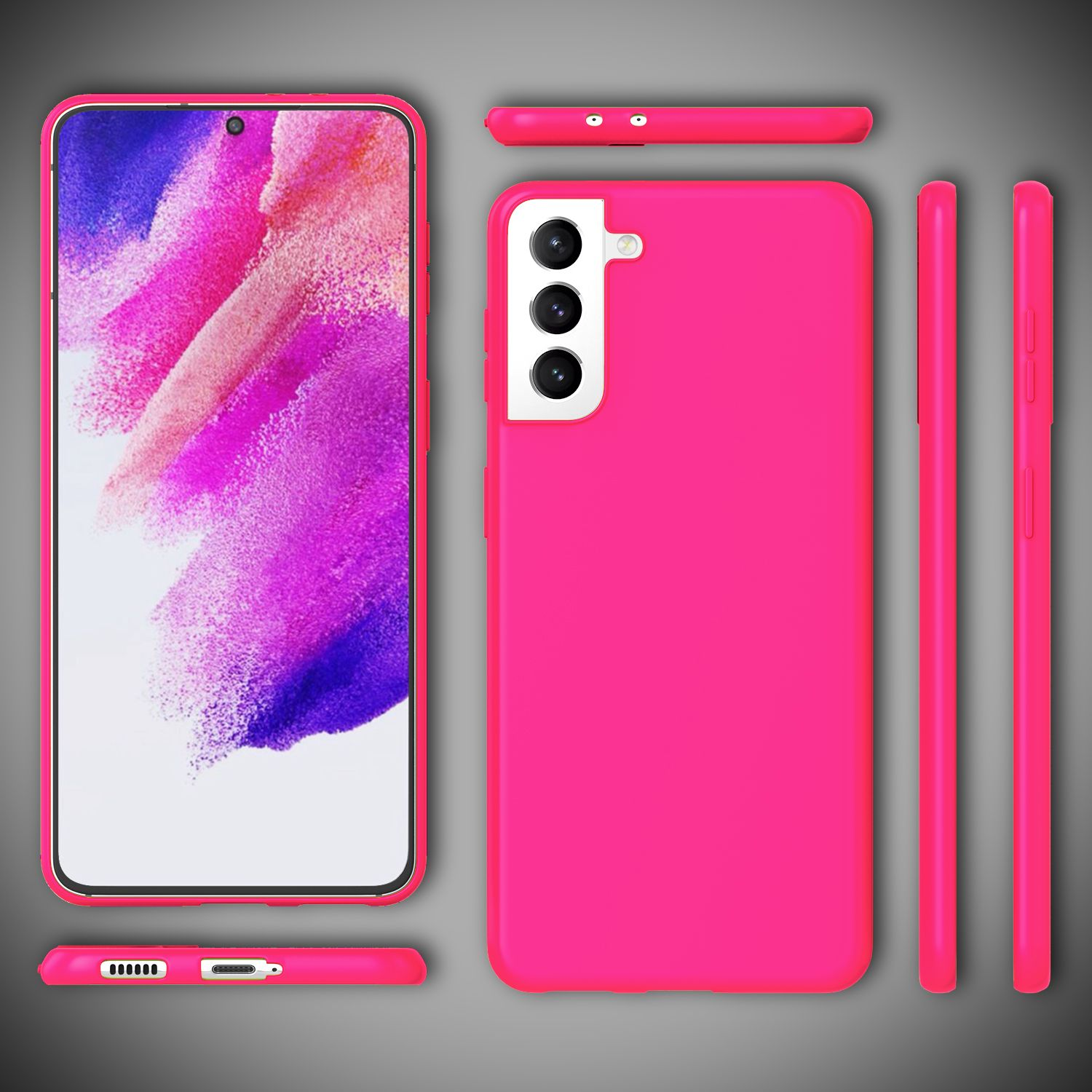 Rosa Handyhülle, mit Telefon, Kamera und Displayschutzfolie, dargestellt.