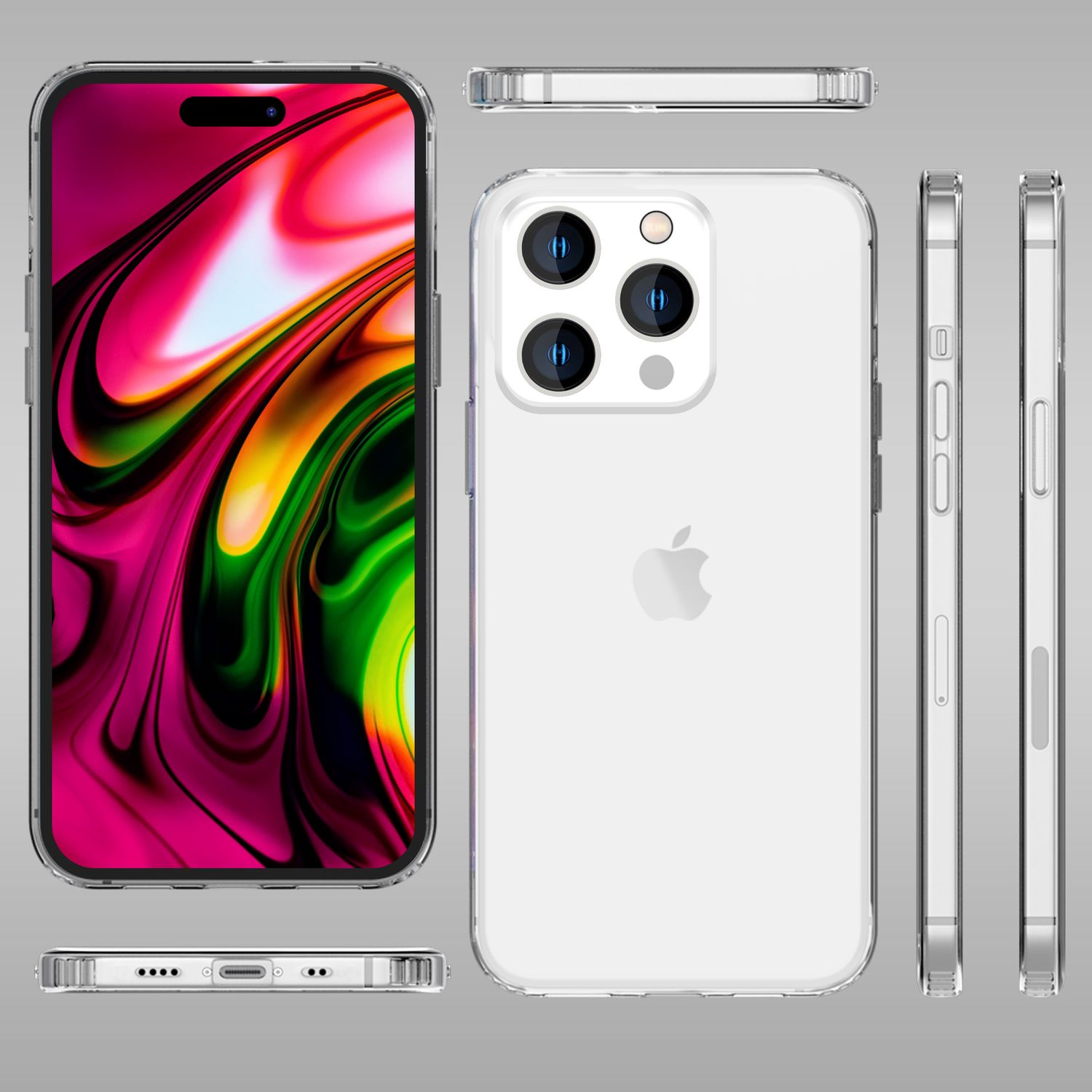 Weißes iPhone mit transparenter Hülle, aus mehreren Blickwinkeln gezeigt.