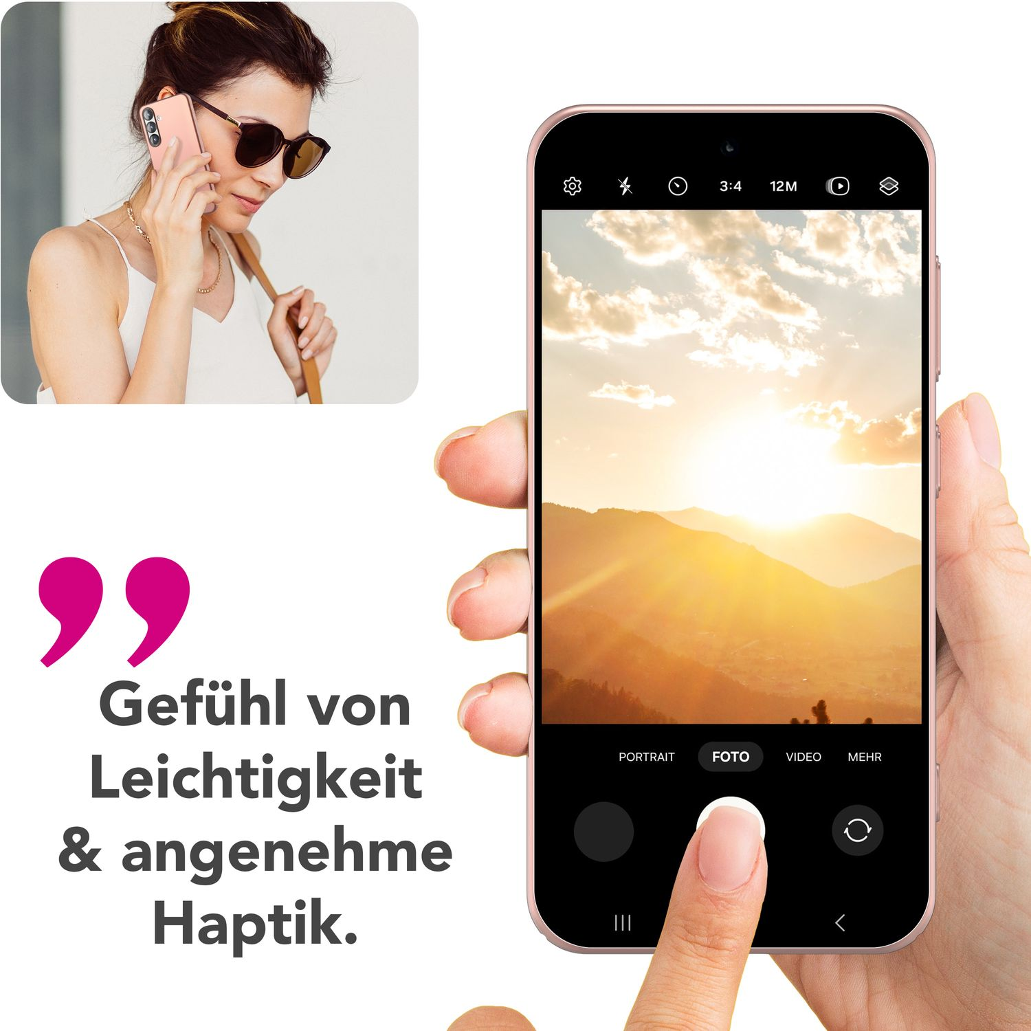 Frau benutzt Telefon, Sonnenuntergang auf dem Bildschirm. Text: Gefühl von Leichtigkeit.