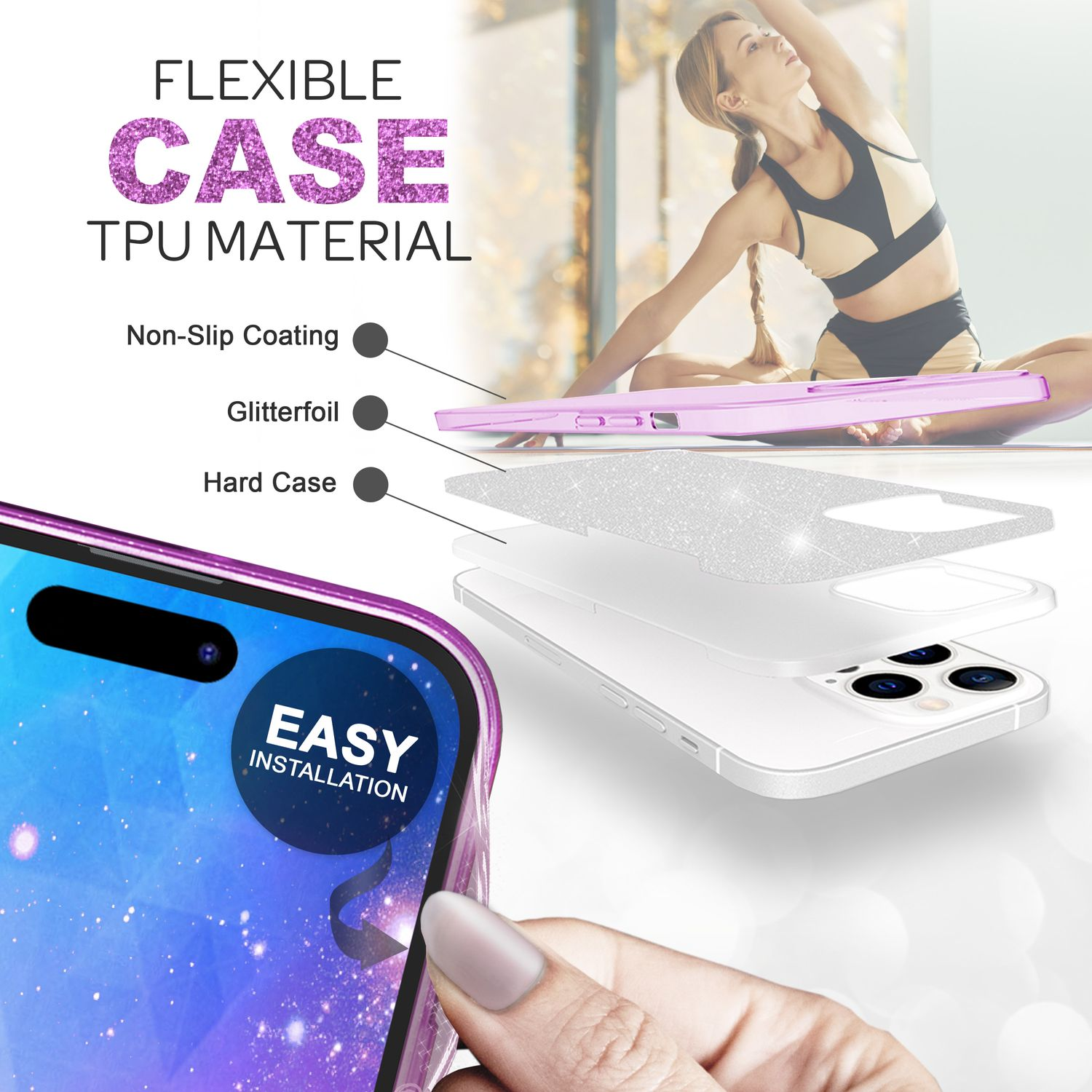Se muestra una funda de teléfono con purpurina y una mujer en posición de yoga. Texto sobre la funda.