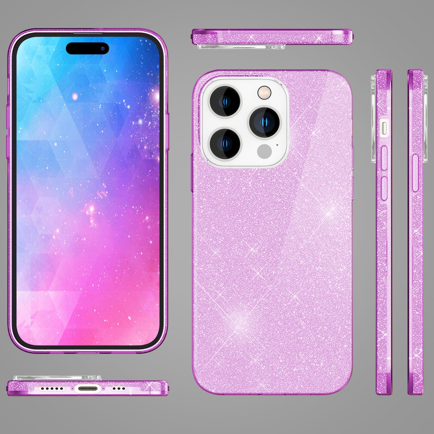 Funda morada con purpurina, mostrada desde múltiples ángulos, con diseño en el teléfono.