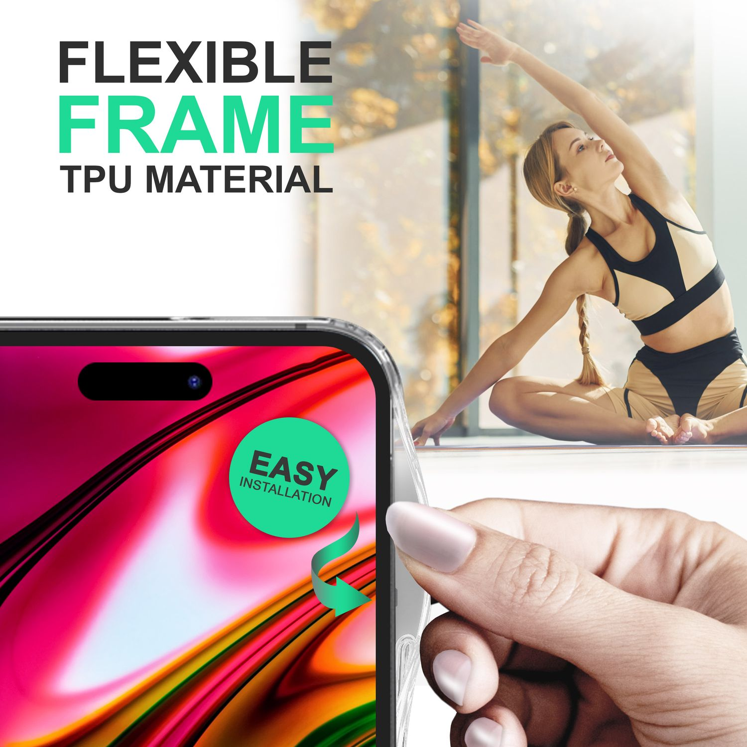 Eine Frau macht Yoga, eine Handyhülle wird installiert. Text: Flexibler Rahmen TPU-Material, einfache Installation.