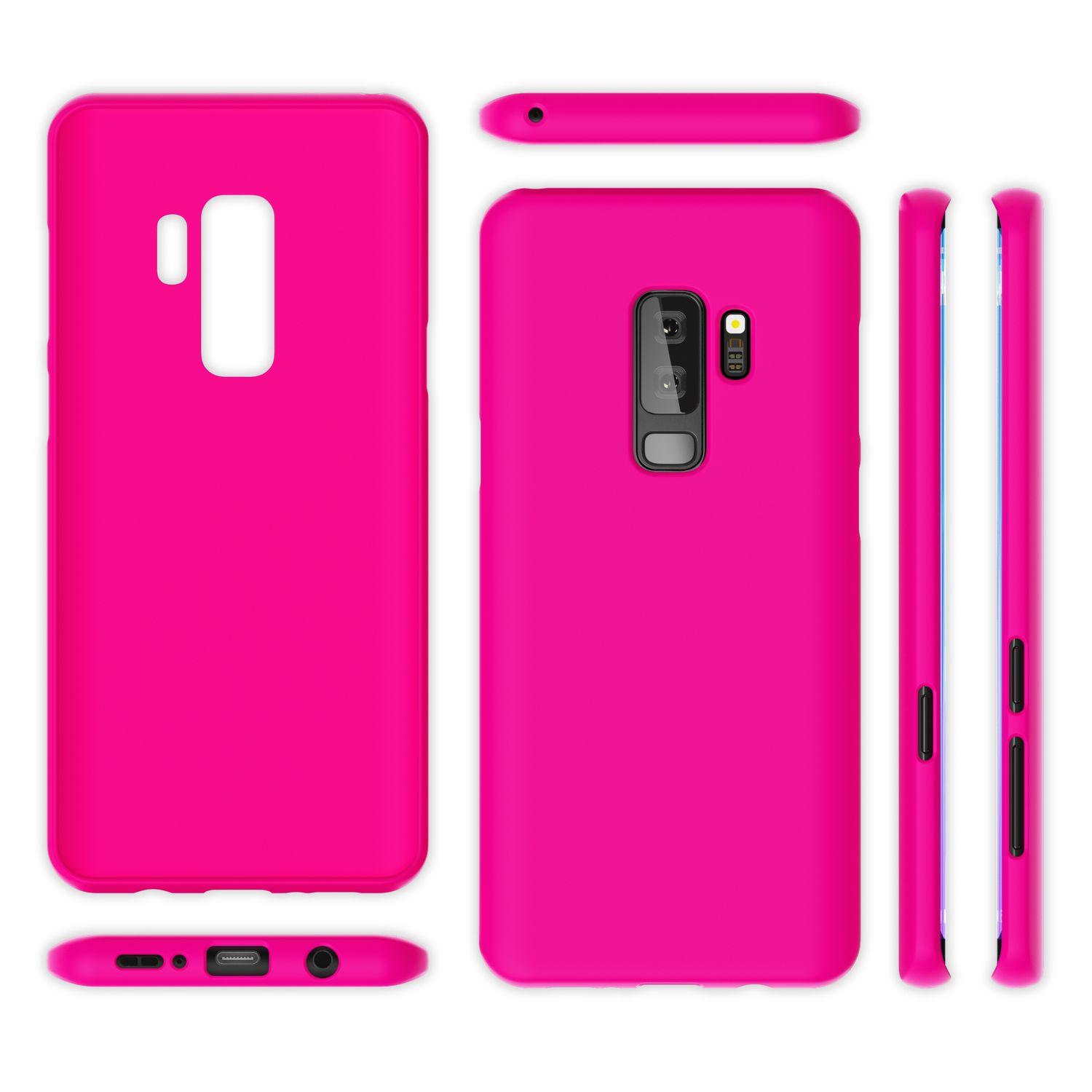 Una custodia per telefono rosa da diverse angolazioni. La custodia è per un telefono con fotocamera e flash.