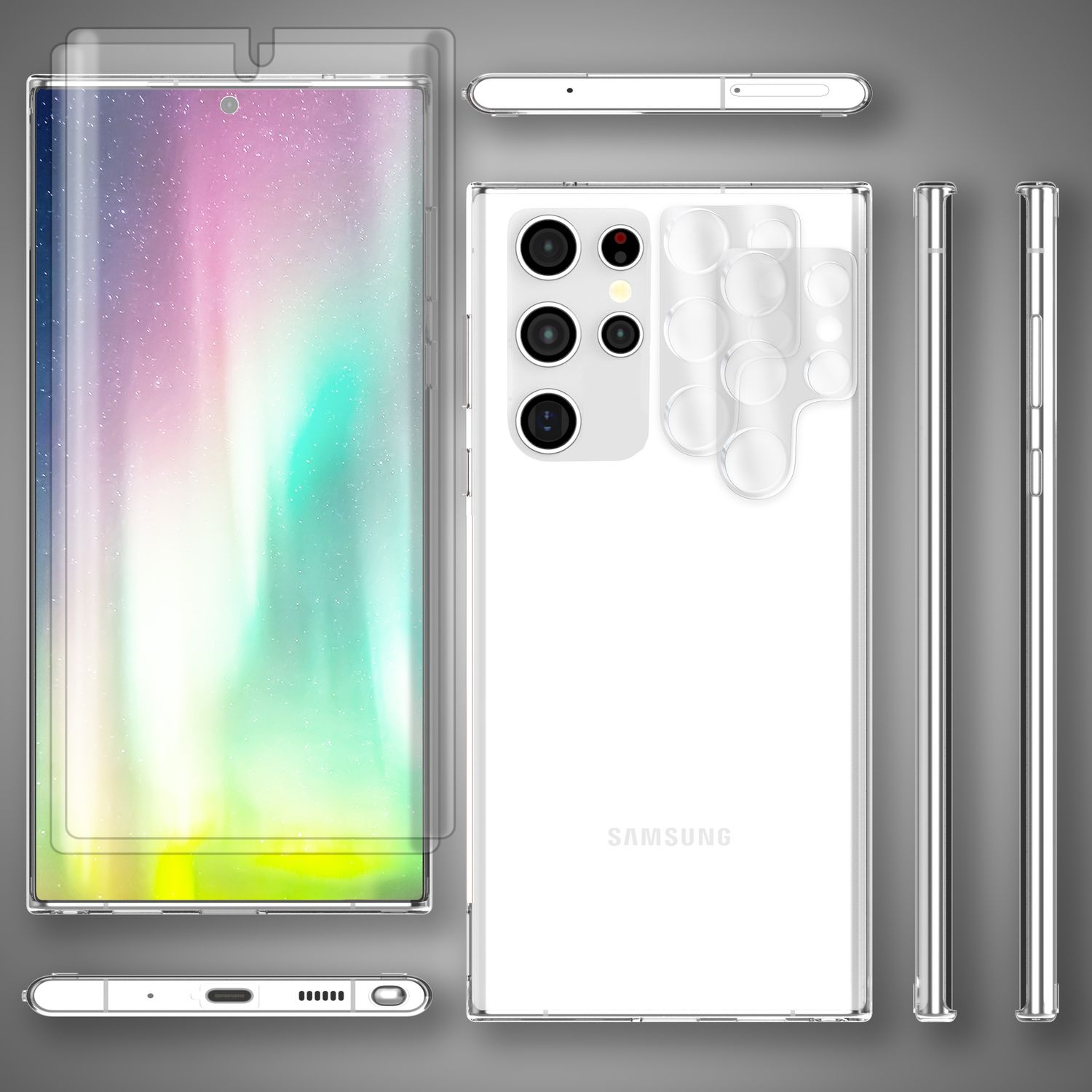 Ein Handyhüllen-Set für Samsung. Zeigt das Telefon mit Hülle aus verschiedenen Blickwinkeln. Transparente Hülle.