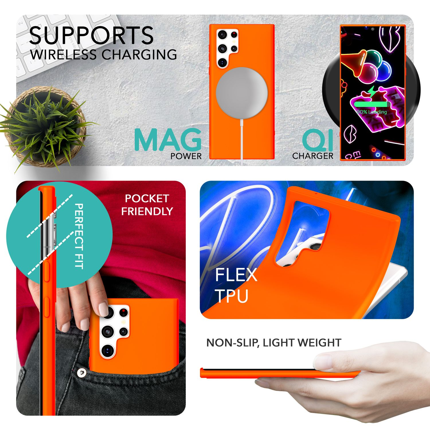 Eine orangefarbene Handyhülle mit einem Telefon mit kabellosem Ladegerät. Text: Mag Power, QI-Ladegerät. Zeigt taschenfreundlich.