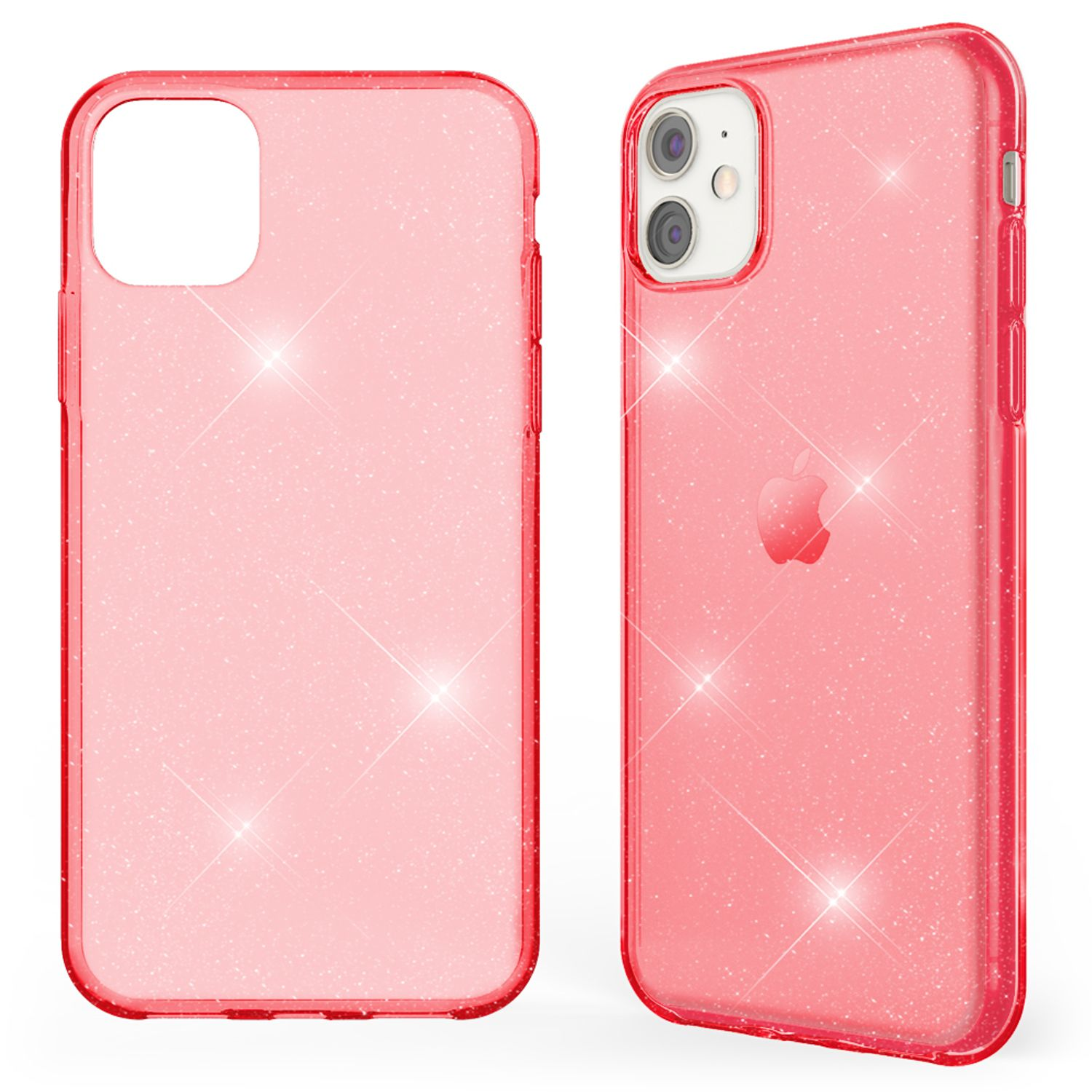 Fundas de teléfono con purpurina rosa. Las fundas se muestran desde diferentes ángulos. Transparente con purpurina.