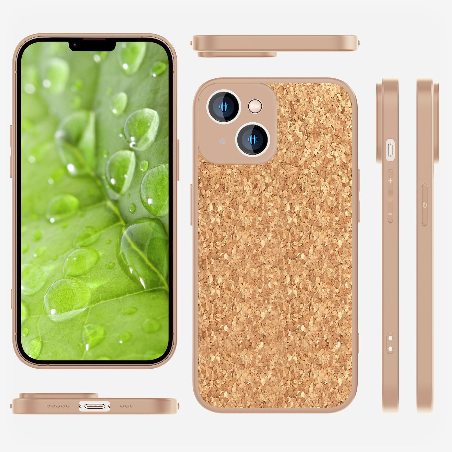 Funda de teléfono con textura de corcho y un teléfono dentro, múltiples vistas.