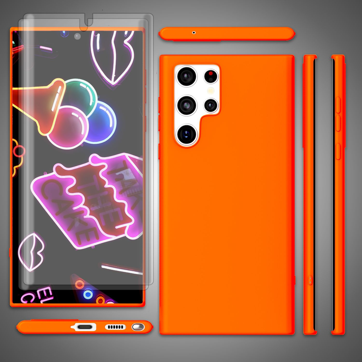 Orangefarbene Handyhülle mit Neonkunst. Neonkuchen und Luftballons. Mehrere Ansichten der Handyhülle.