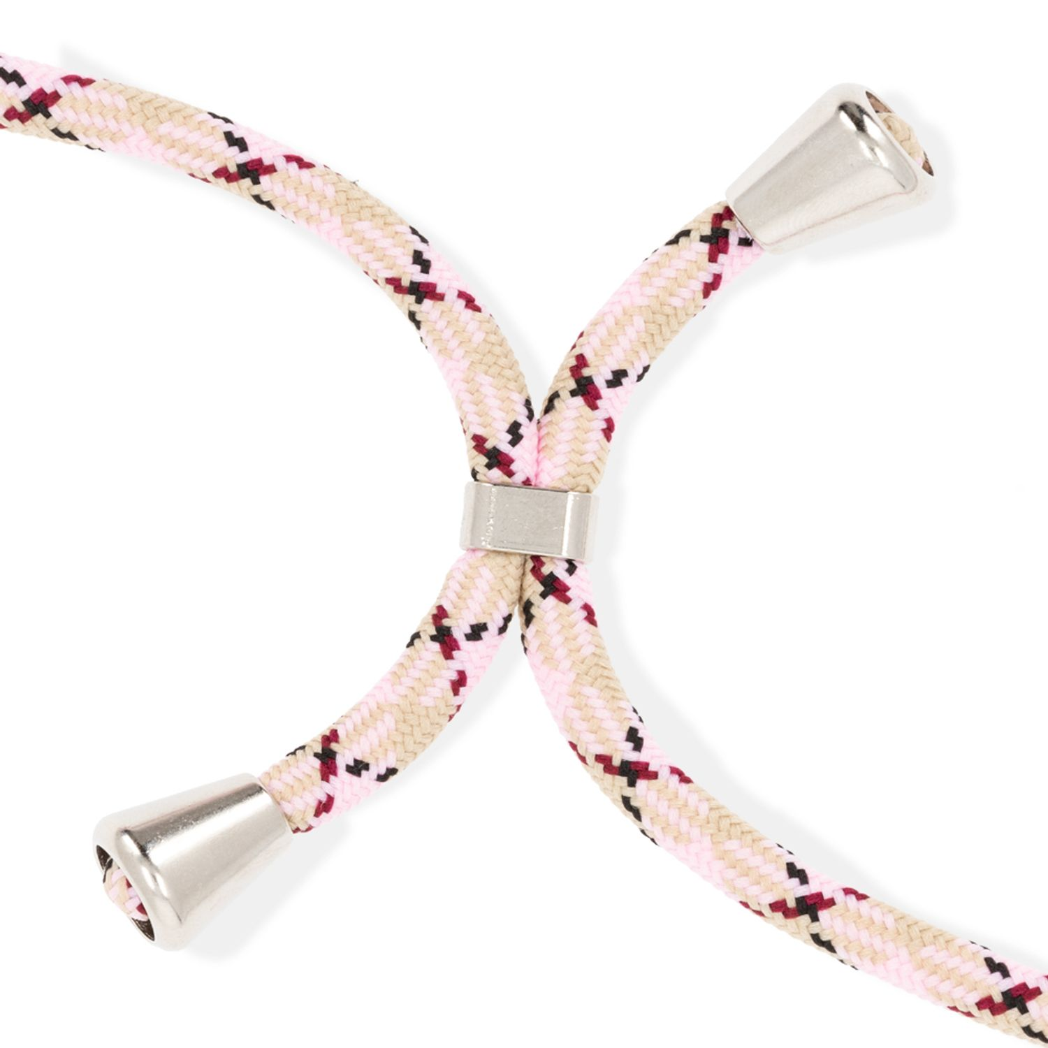 Nahaufnahme eines rosa, beige und schwarz gemusterten Telefon-Umhängebandes. Silberne Akzente.