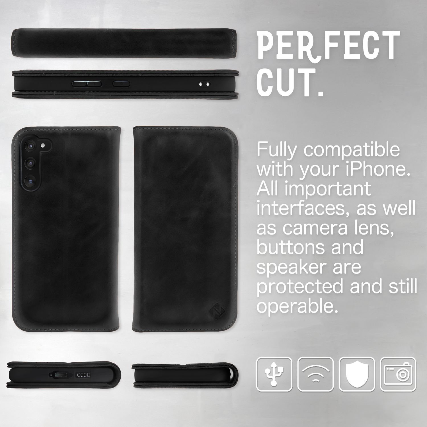 Schwarze iPhone-Hülle, mehrere Ansichten. Text: 'PERFECT CUT'. Kompatibel mit iPhone, schützt Knöpfe.