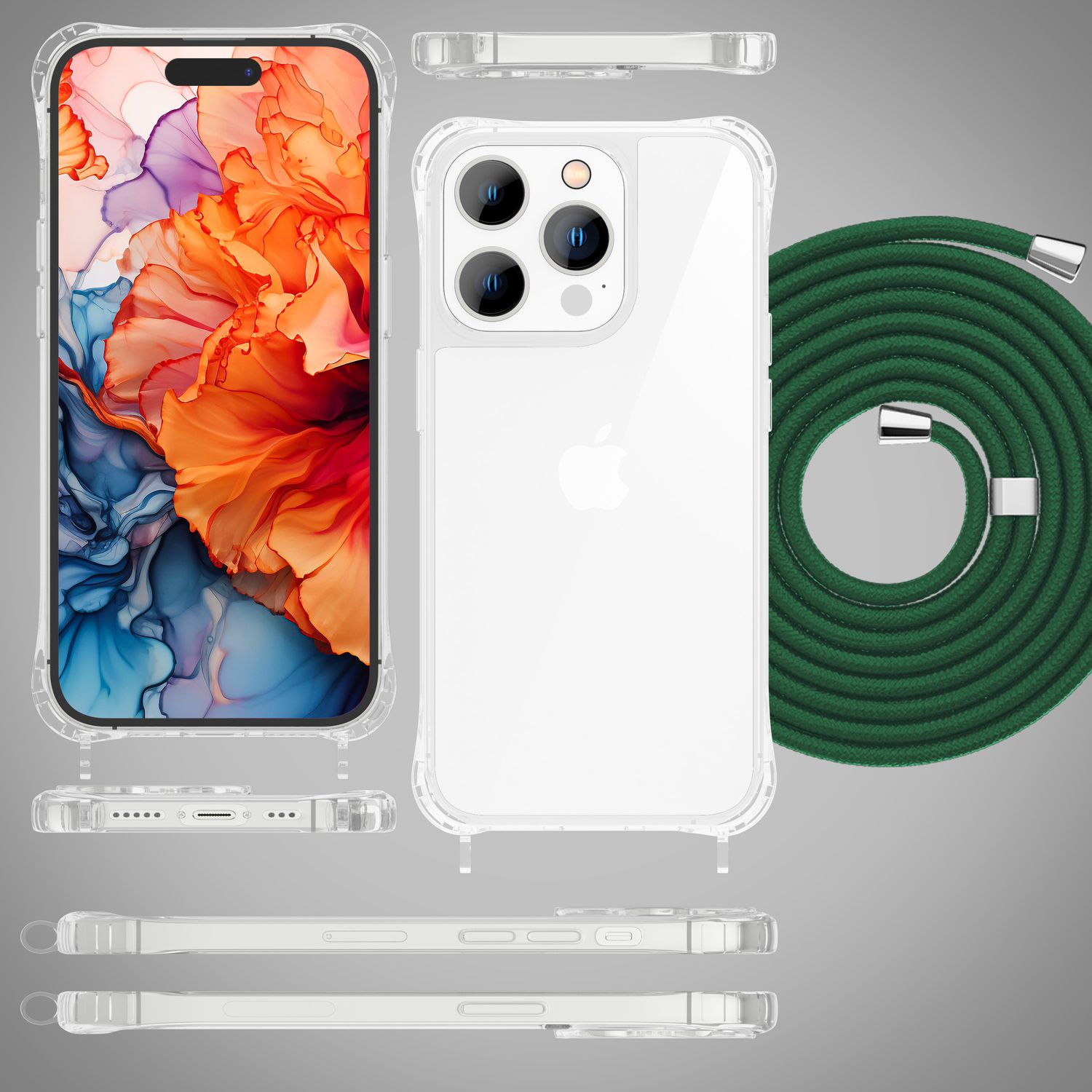 Transparente iPhone-Hülle mit grünem Seil. iPhone sichtbar, mehrere Ansichten. Grünes Seil.