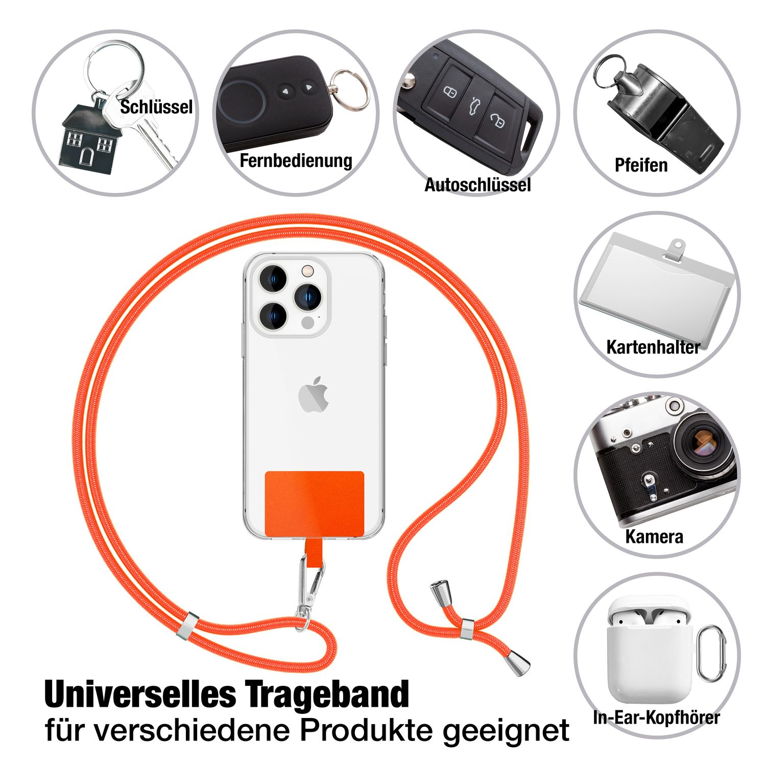 Cordón naranja para teléfono con varios objetos: llaves, mandos, silbato, tarjetero, cámara, etc.