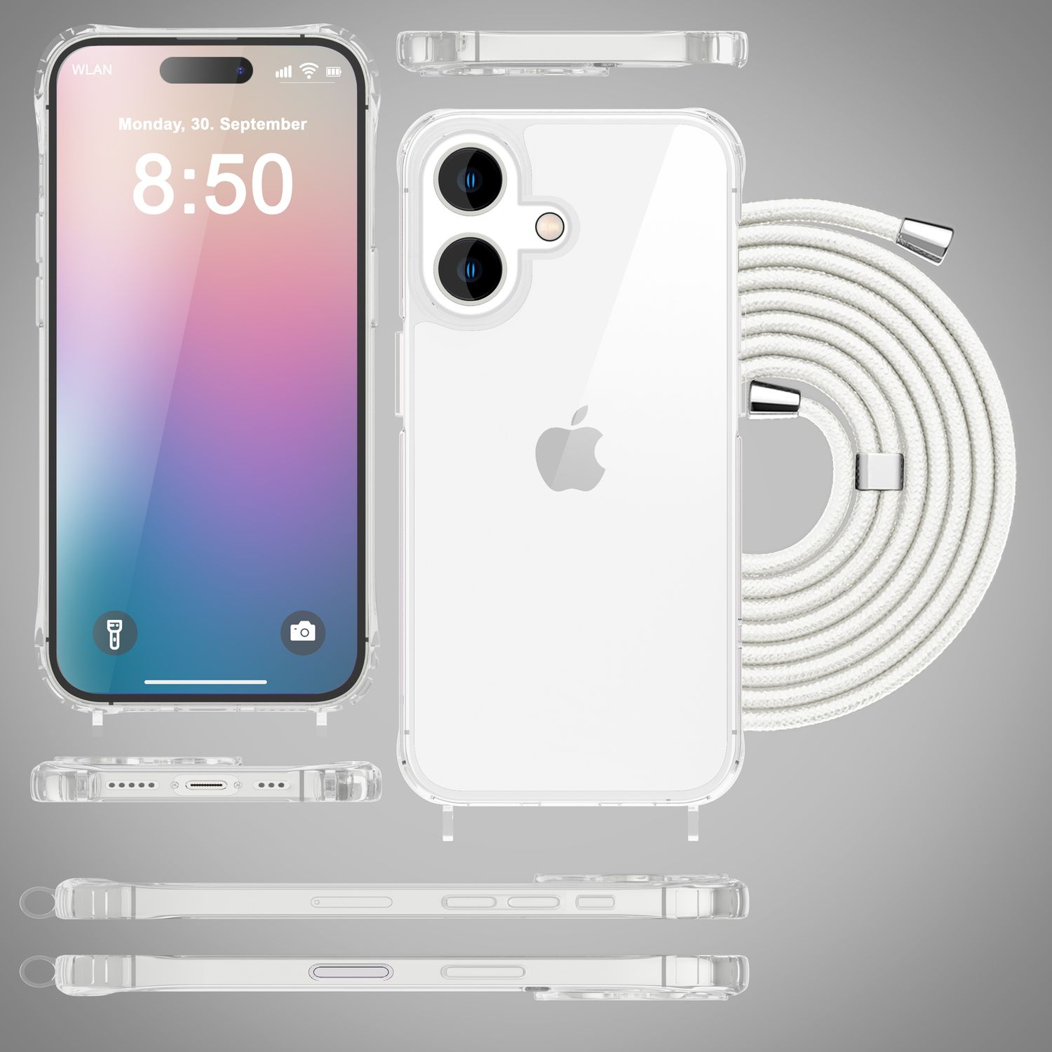 Transparente Handyhülle mit weißem Umhängeband. Telefon zeigt Datum/Uhrzeit.