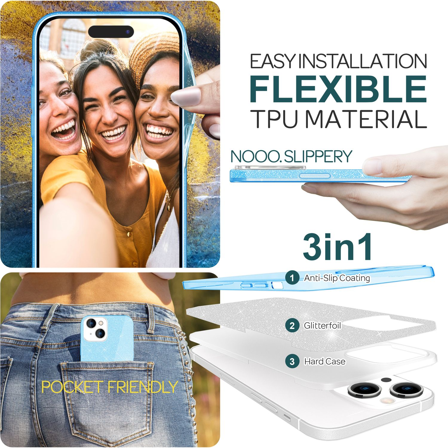 Handyhülle mit Frauengesicht und Telefon in der Tasche. Text: Flexibel, TPU-Material, 3in1.