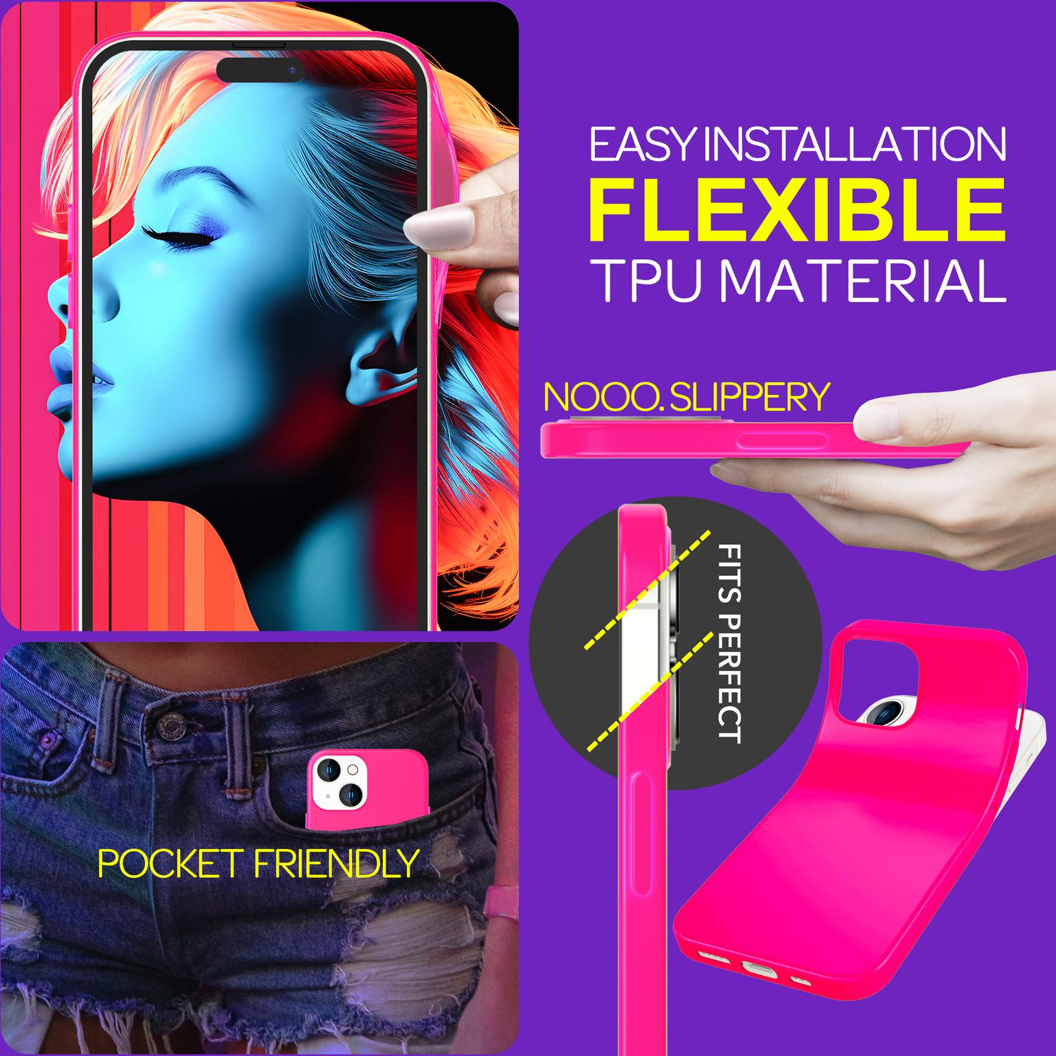 Rosa Handyhülle mit Frauengesicht und taschenfreundlicher Handyhülle. Text: Flexibles TPU-Material.