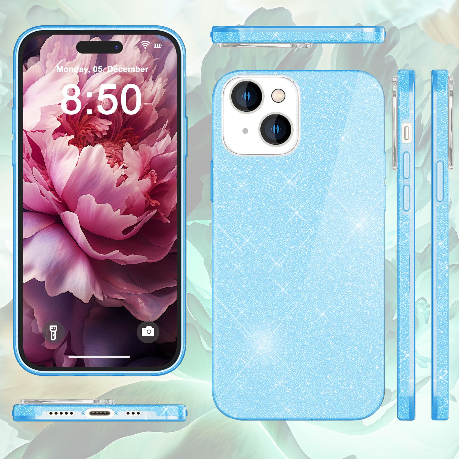 Hellblaue Glitzer-Handyhülle mit einem Telefon, das eine Uhr anzeigt.