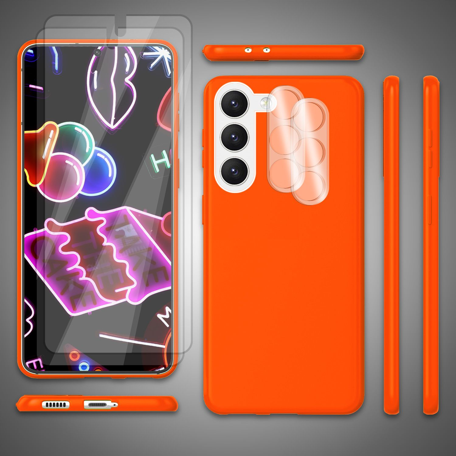 Orangefarbene Handyhülle mit Displayschutz und anderem Zubehör.