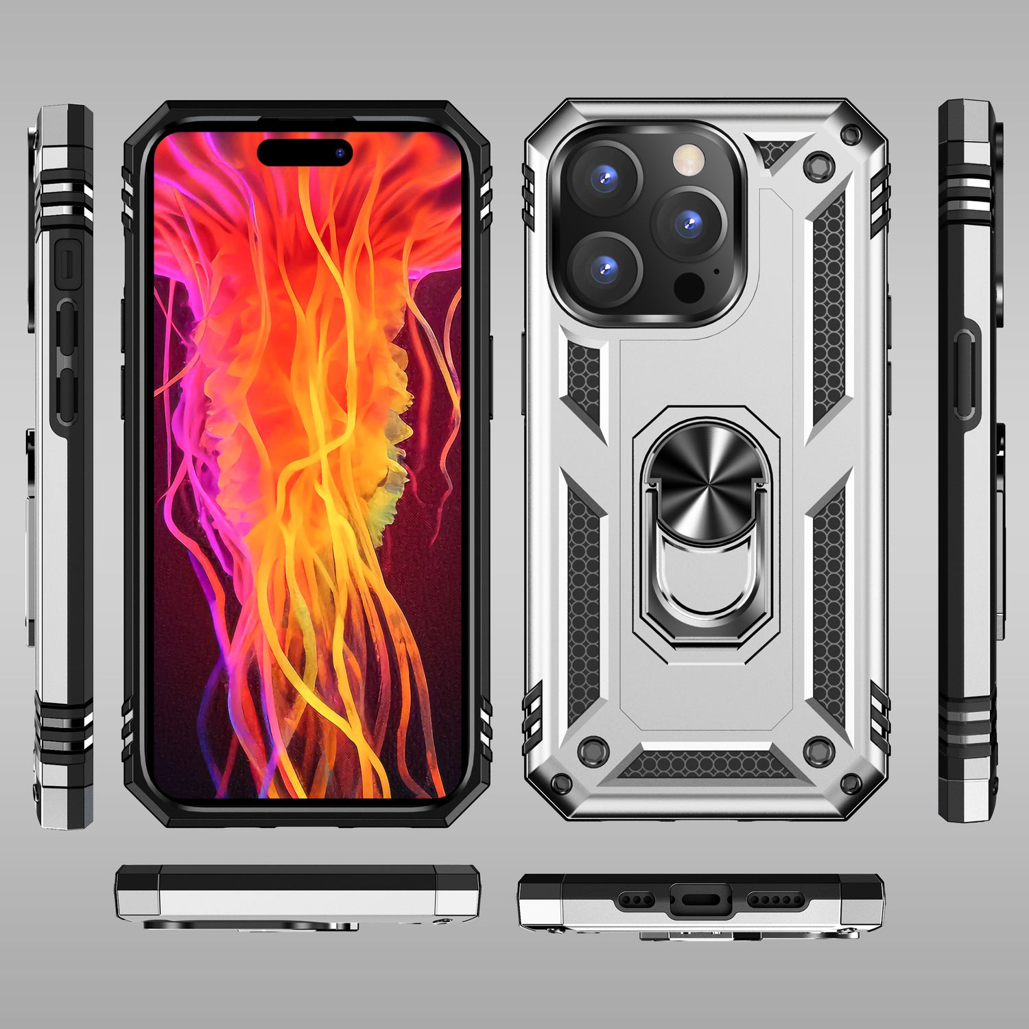 Funda plateada y negra para teléfono con un teléfono dentro, vistas múltiples.