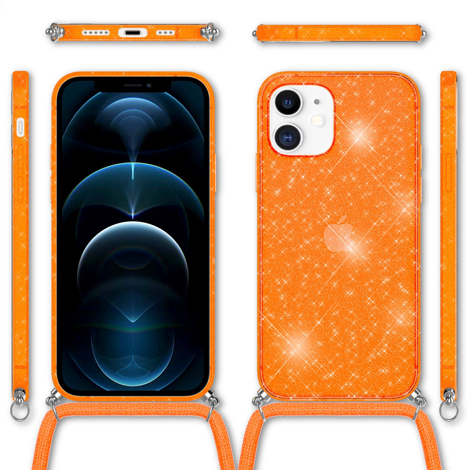 Funda naranja para teléfono con correa y teléfono dentro. Vistas múltiples.