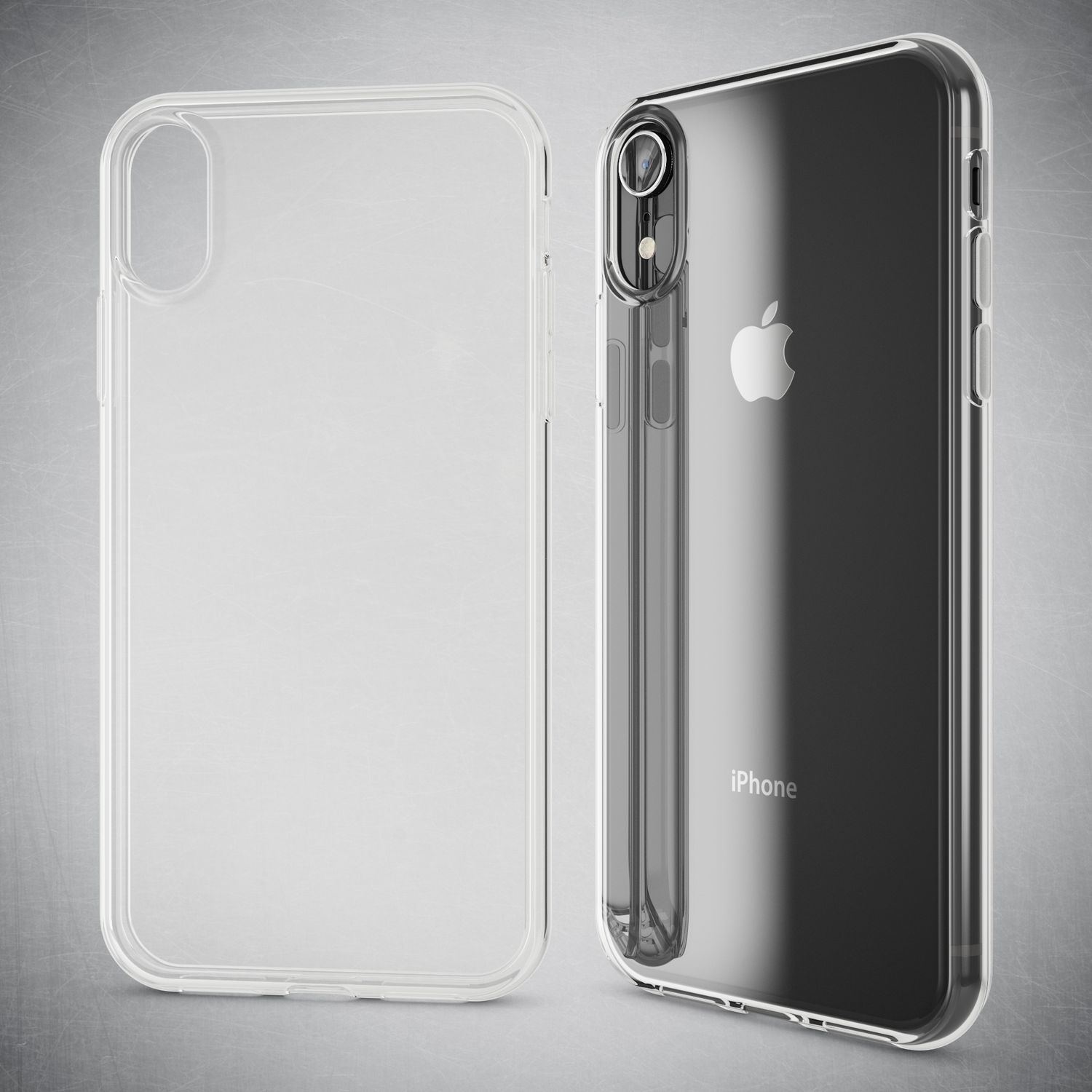 Transparente Handyhülle, eine Seite zeigt die Vorderseite, die andere Seite die Rückseite eines iPhones mit dem Apple-Logo.