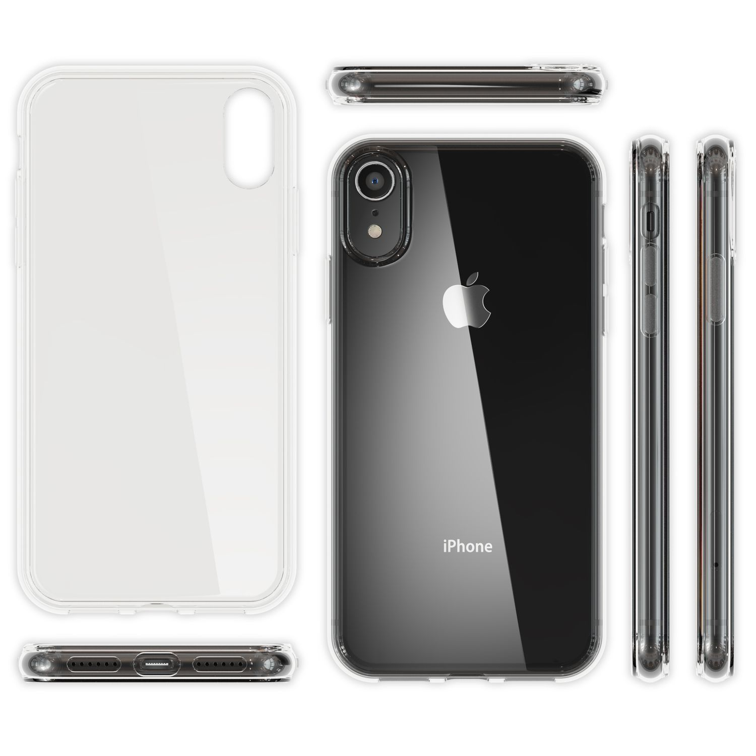 Transparente iPhone-Hülle mit Telefon. Mehrere Ansichten.