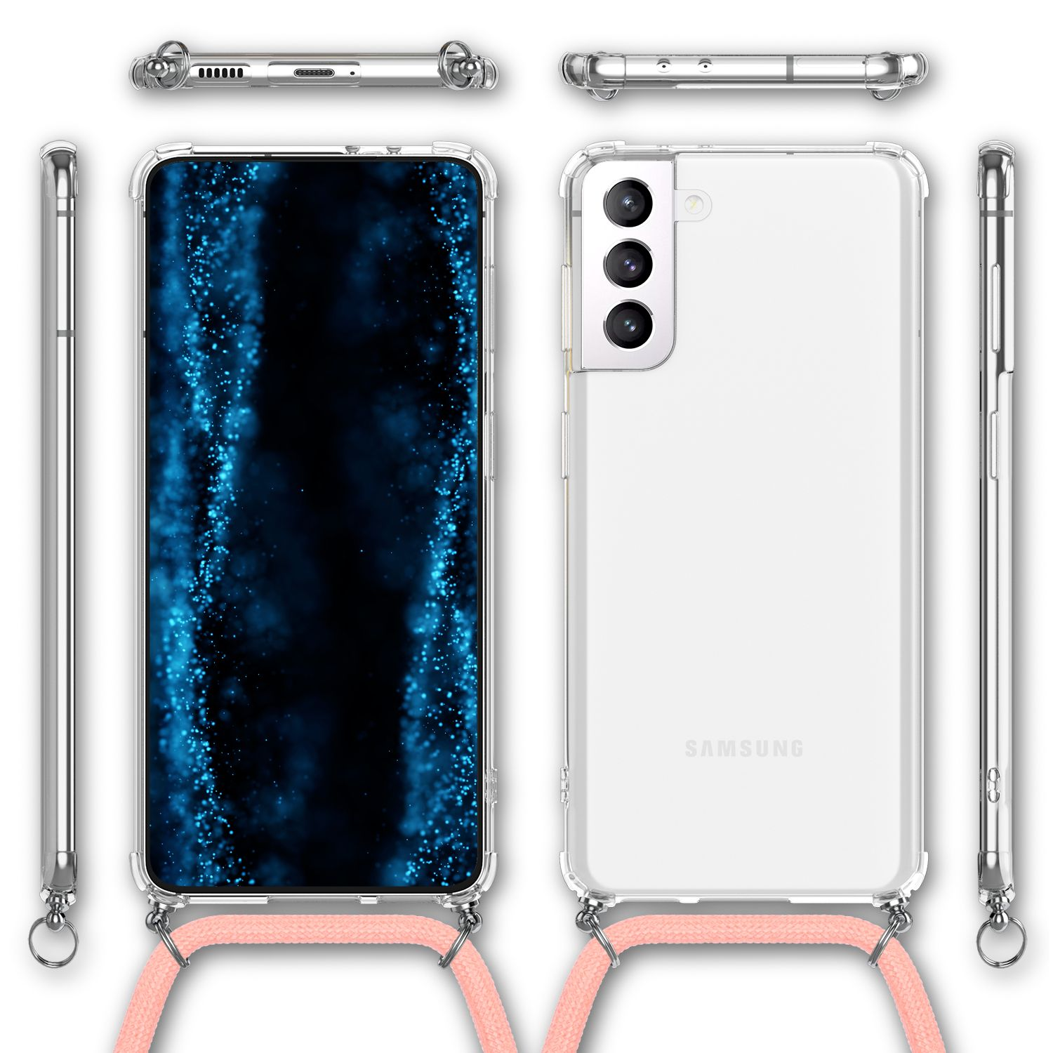 Custodia trasparente per telefono con cinturino. Il telefono ha uno schermo con particelle blu.