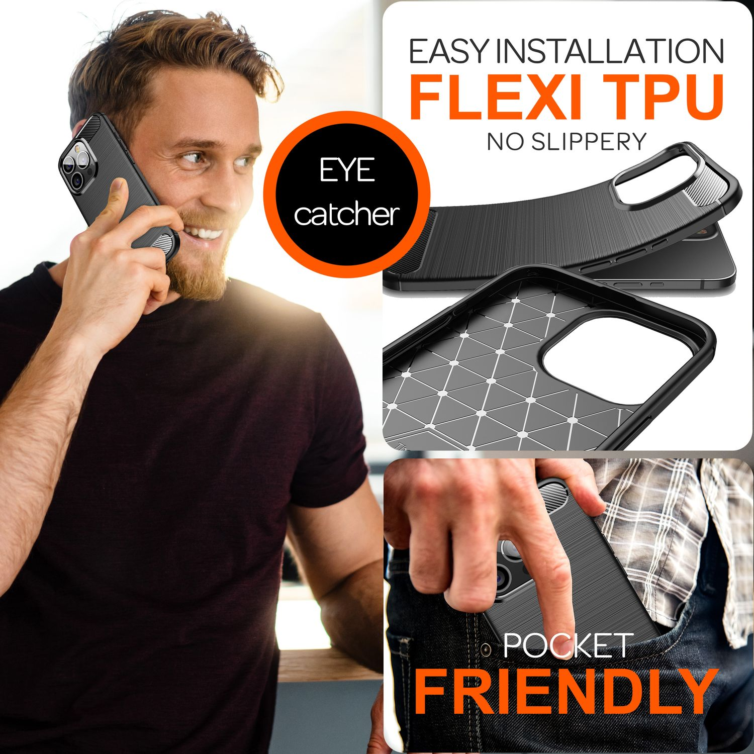 Hombre al teléfono con funda negra. Incluye llamativo y es apto para bolsillo con TPU flexible.
