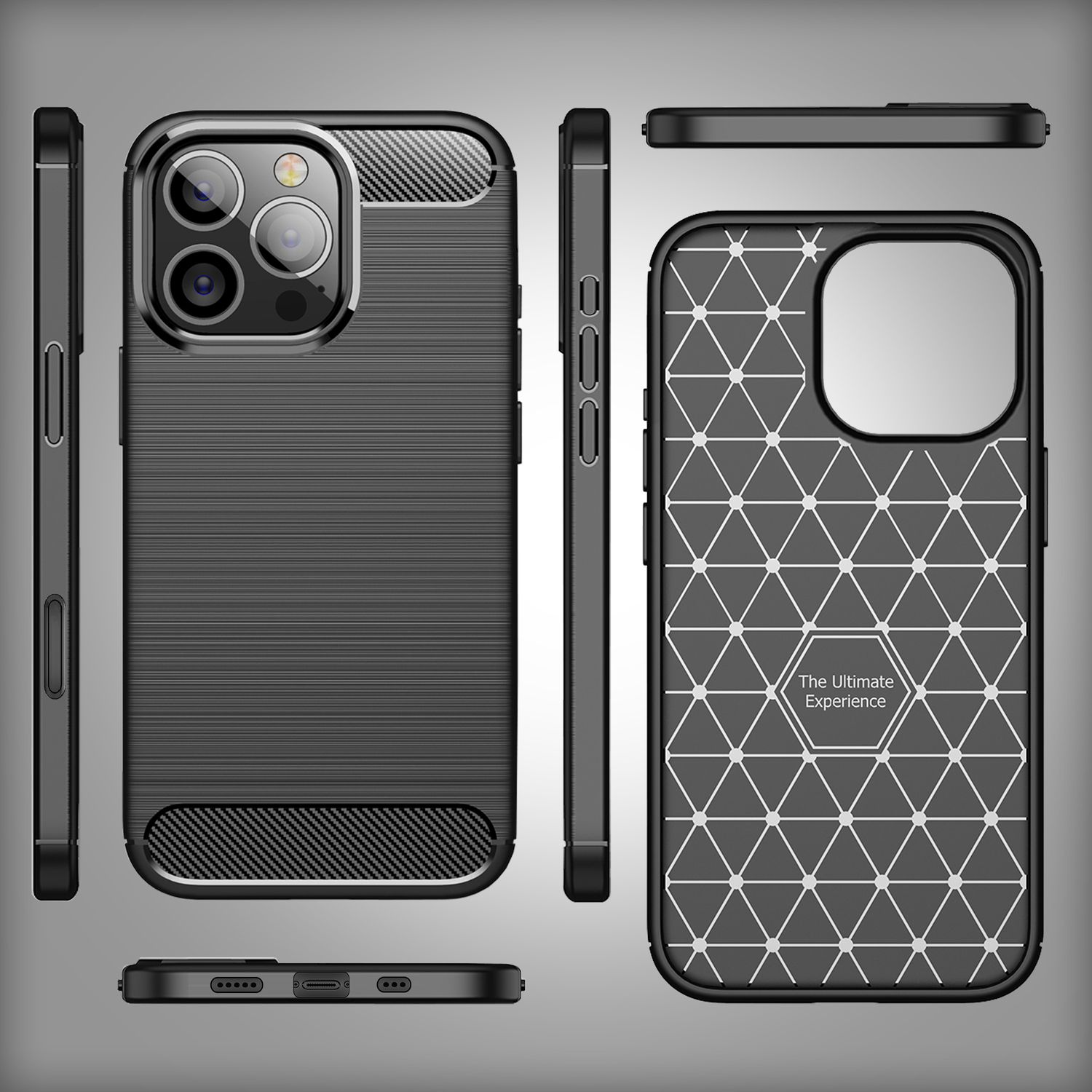 Funda de teléfono negra. Múltiples vistas. La funda tiene una parte trasera texturizada y un diseño estampado. Color negro.