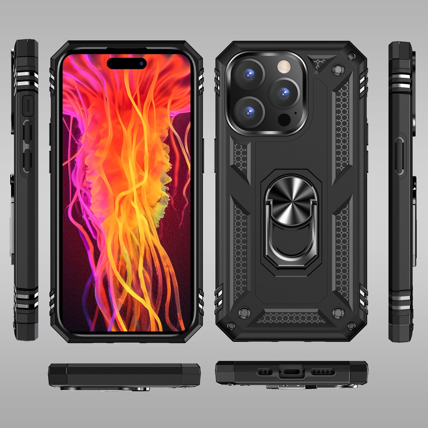 Funda de teléfono negra con soporte de anillo y teléfono dentro. Se muestran varias vistas de la funda.