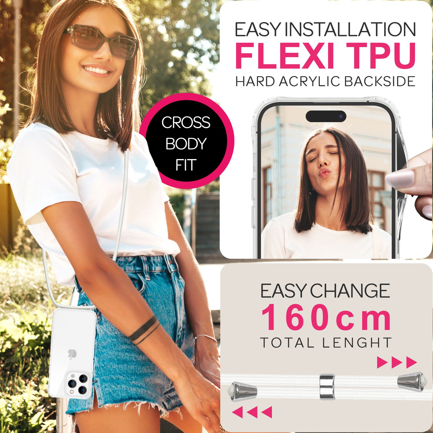 Frau mit weißem Telefon an Umhängeband. Text: 'EASY INSTALLATION', 'FLEXI TPU' und '160 cm Gesamtlänge'.