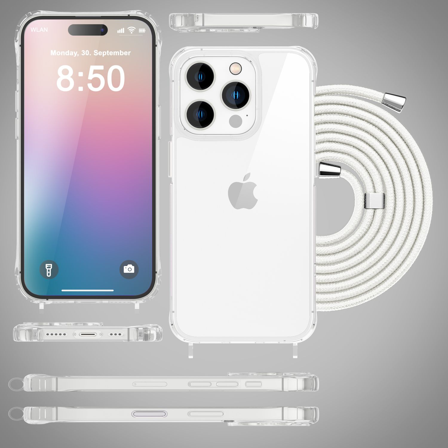 Transparente Handyhülle mit einem Bildschirm, der eine Telefonschnittstelle zeigt. Ein weißes Schlüsselband ist befestigt.