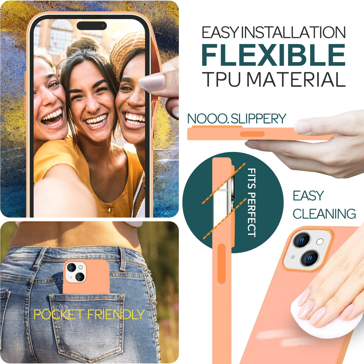 Drei Frauen betrachten ein Telefon mit einer orangefarbenen Hülle. Zusätzliche Bilder, die eine Hülle zeigen. Text besagt 'Einfache Installation'.