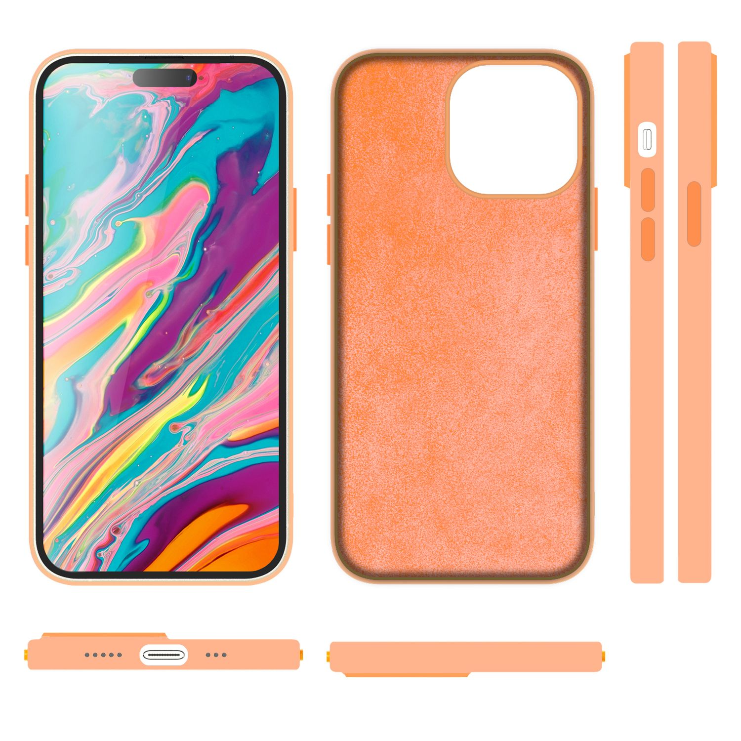 Mehrere Ansichten eines Telefons und einer orangefarbenen Hülle. Telefon zeigt bunte abstrakte Kunst. Hülle ist orange.