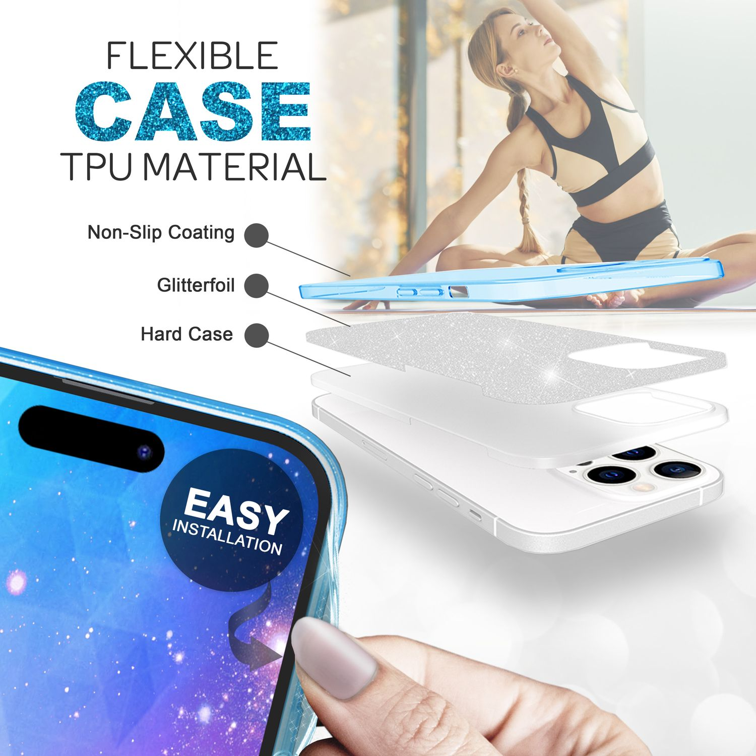 Mujer haciendo yoga con una funda para teléfono. La funda es azul y tiene purpurina. La funda se muestra desde múltiples ángulos.