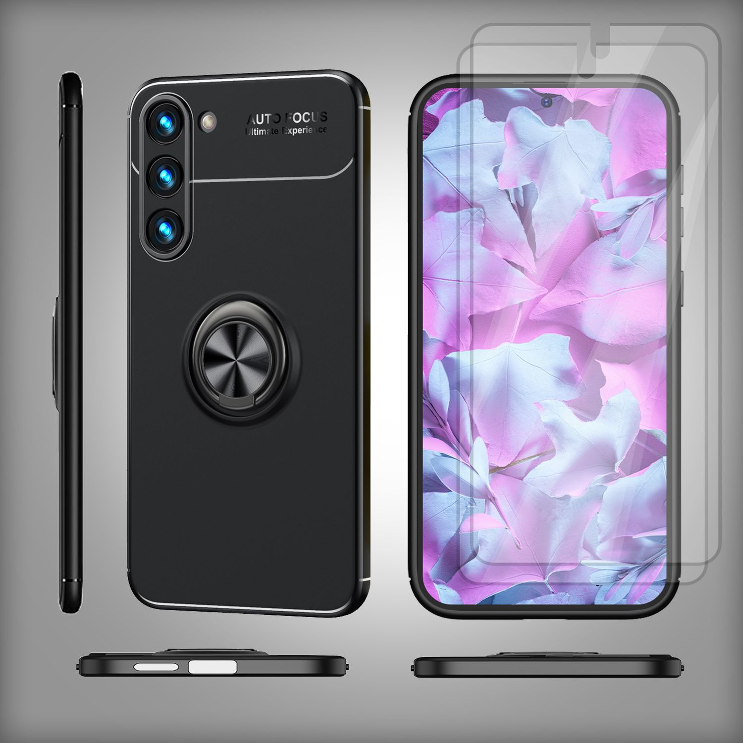 Funda de teléfono negra con soporte de anillo. También son visibles vistas laterales y vista frontal con protector de pantalla.