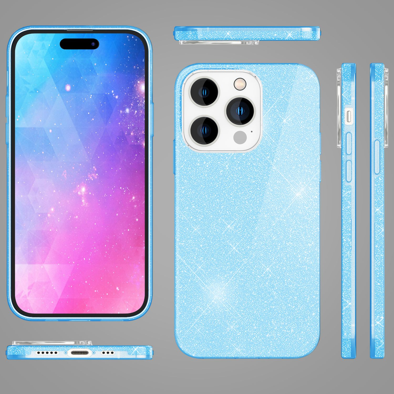Teléfono con una funda azul claro con purpurina. El teléfono se muestra desde múltiples ángulos. La pantalla está encendida.