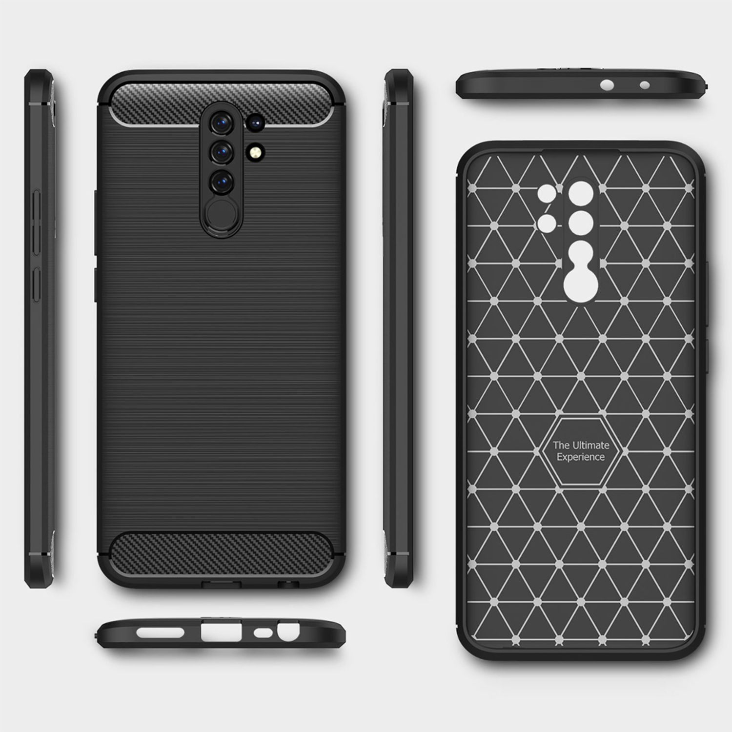 Schwarze Telefonhülle. Mehrere Ansichten. Hülle hat eine strukturierte Rückseite und ein gemustertes Design. Schwarze Farbe.