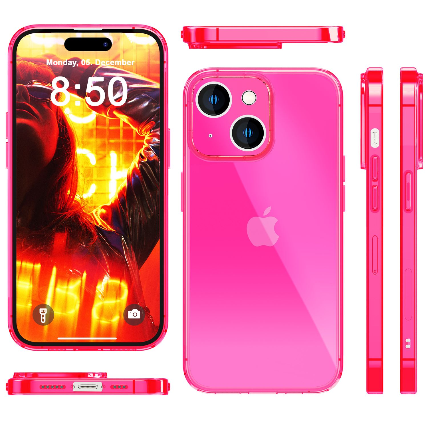Funda rosa para teléfono. Múltiples vistas. La pantalla del teléfono muestra la fecha y hora.