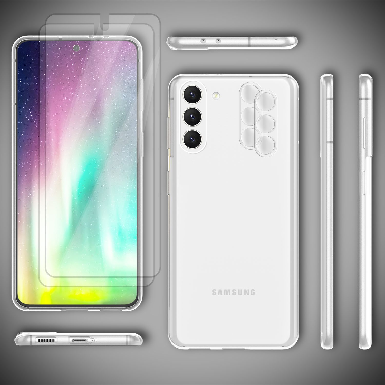 Teléfono blanco con protector de pantalla, varios ángulos y funda.