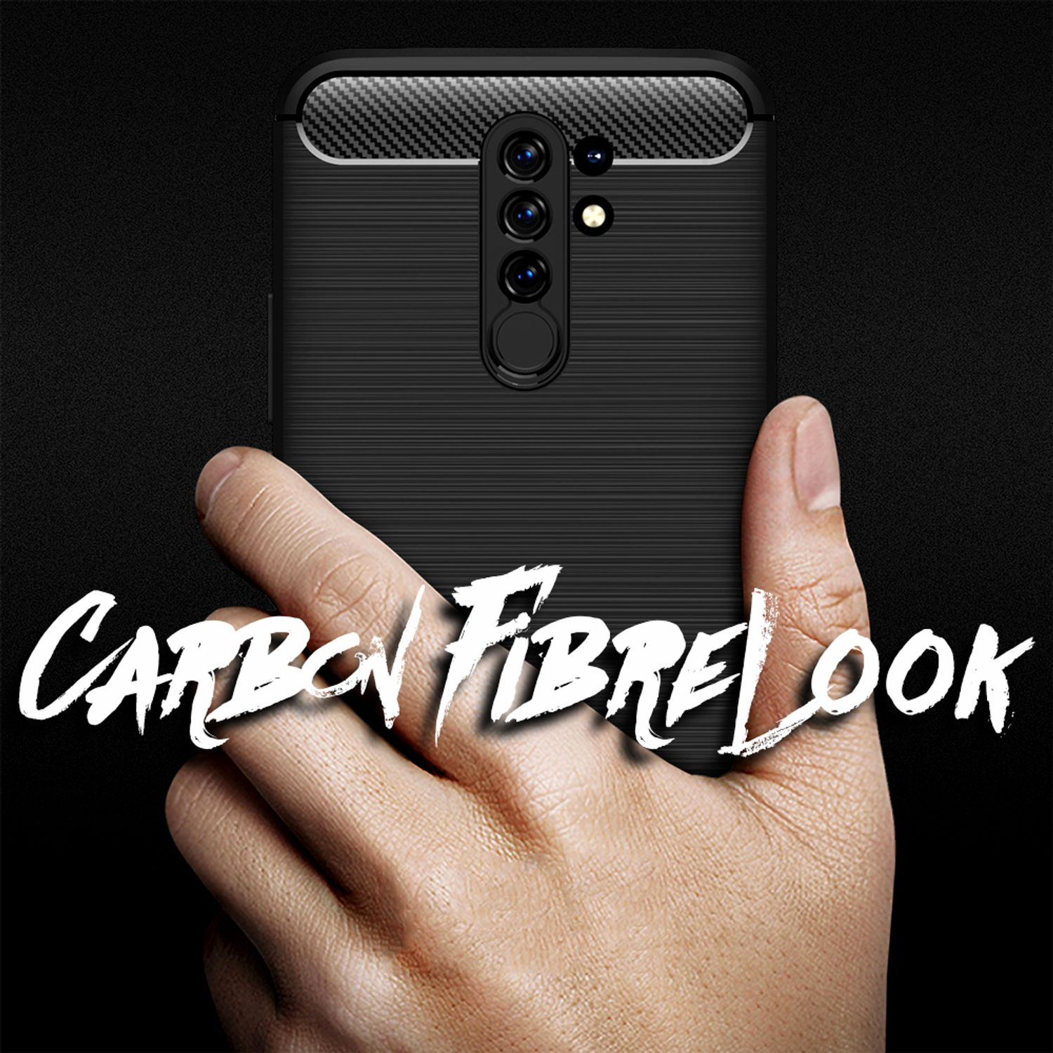 Hand hält eine schwarze Handyhülle mit Carbonfasertextur. Die Worte 'CARBON FIBRE LOOK' stehen auf dem Bild.