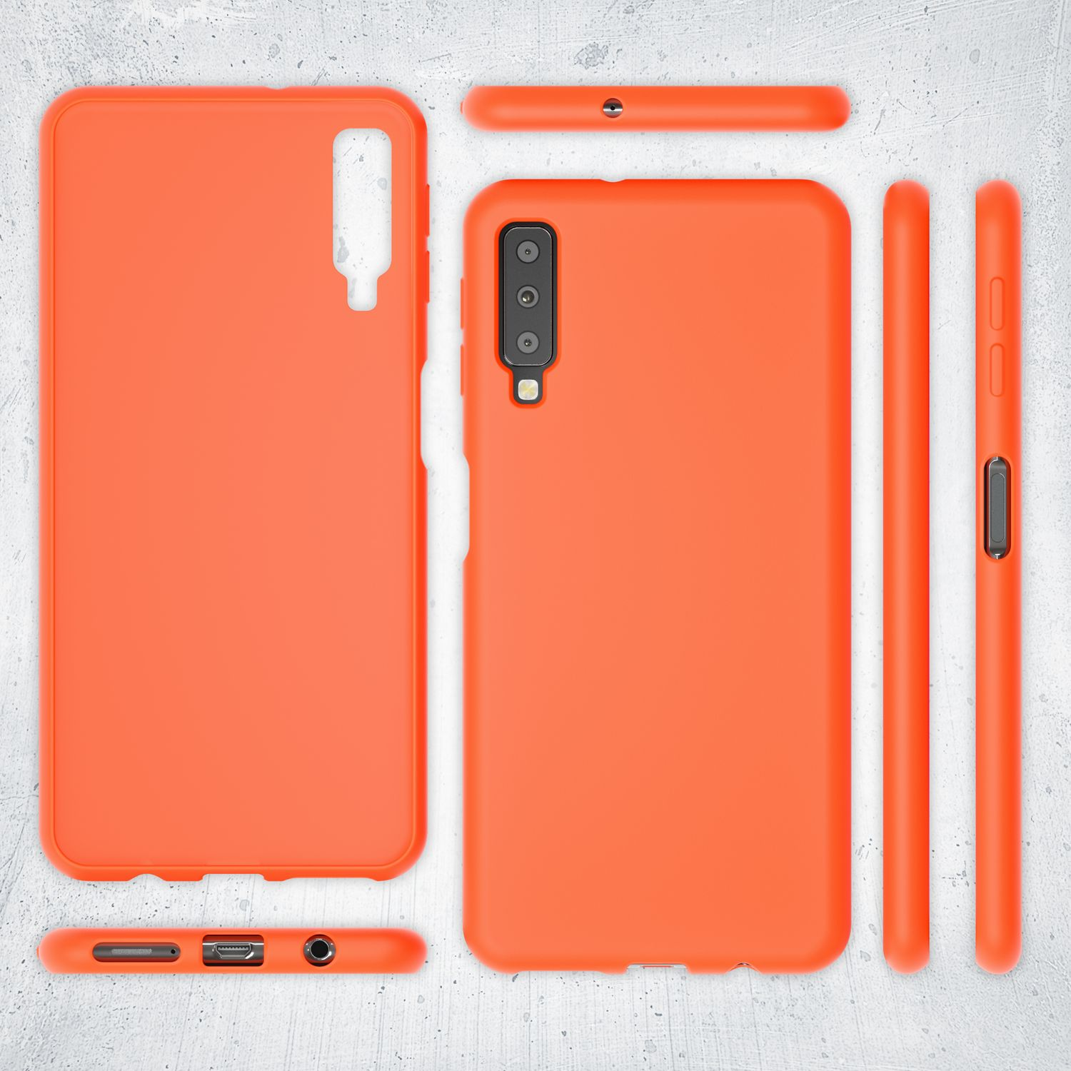 Orangefarbene Handyhülle mit Telefon. Mehrere Ansichten: vorne, hinten und Seite. Die Hülle hat ein Kameraloch.