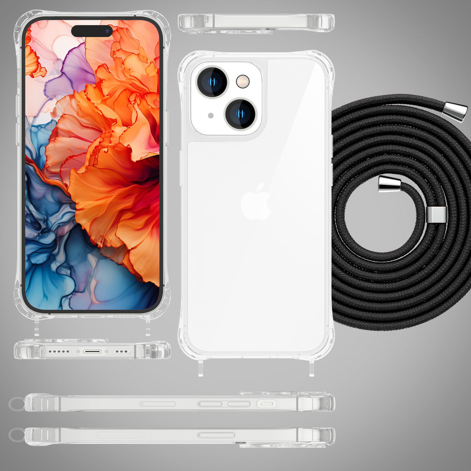 Transparente Handyhülle mit schwarzem Umhängeband. Das Telefon zeigt ein farbenfrohes Bild. Verschiedene Winkel der Hülle werden gezeigt.