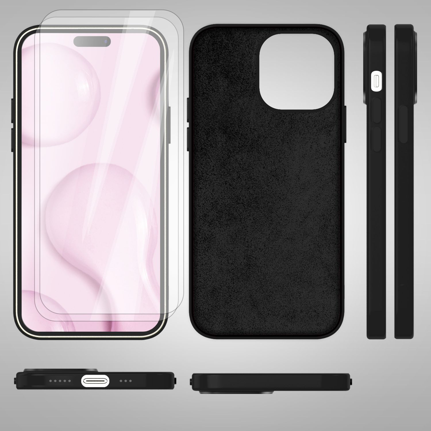 Handyhülle und Displayschutzfolie. Hülle ist schwarz. Displayschutzfolie ist transparent. Verschiedene Ansichten.