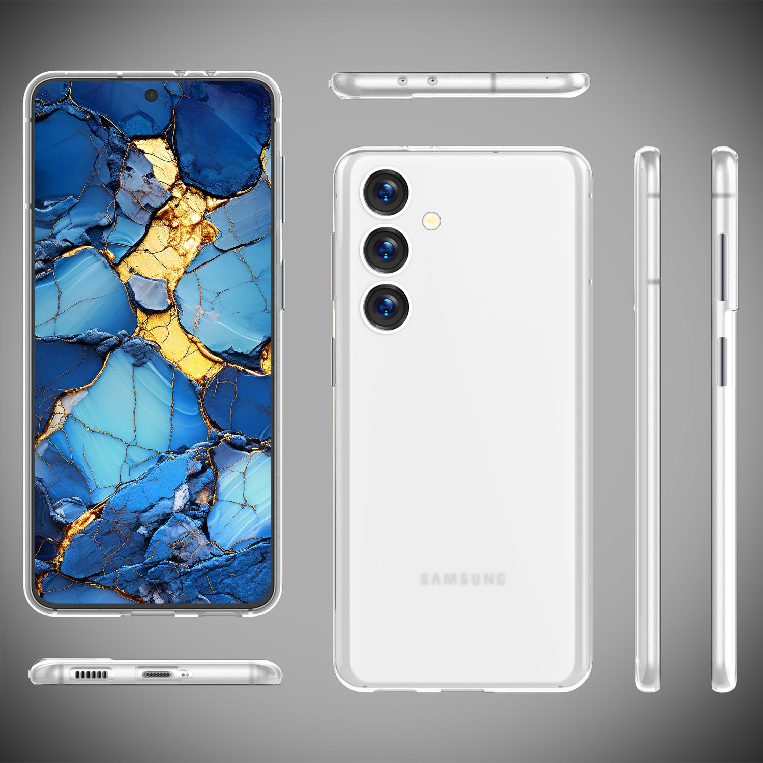 Transparente Handyhülle mit Telefon. Vorder-, Rück- und Seitenansichten sichtbar. Das Bildschirmdesign ist sichtbar.