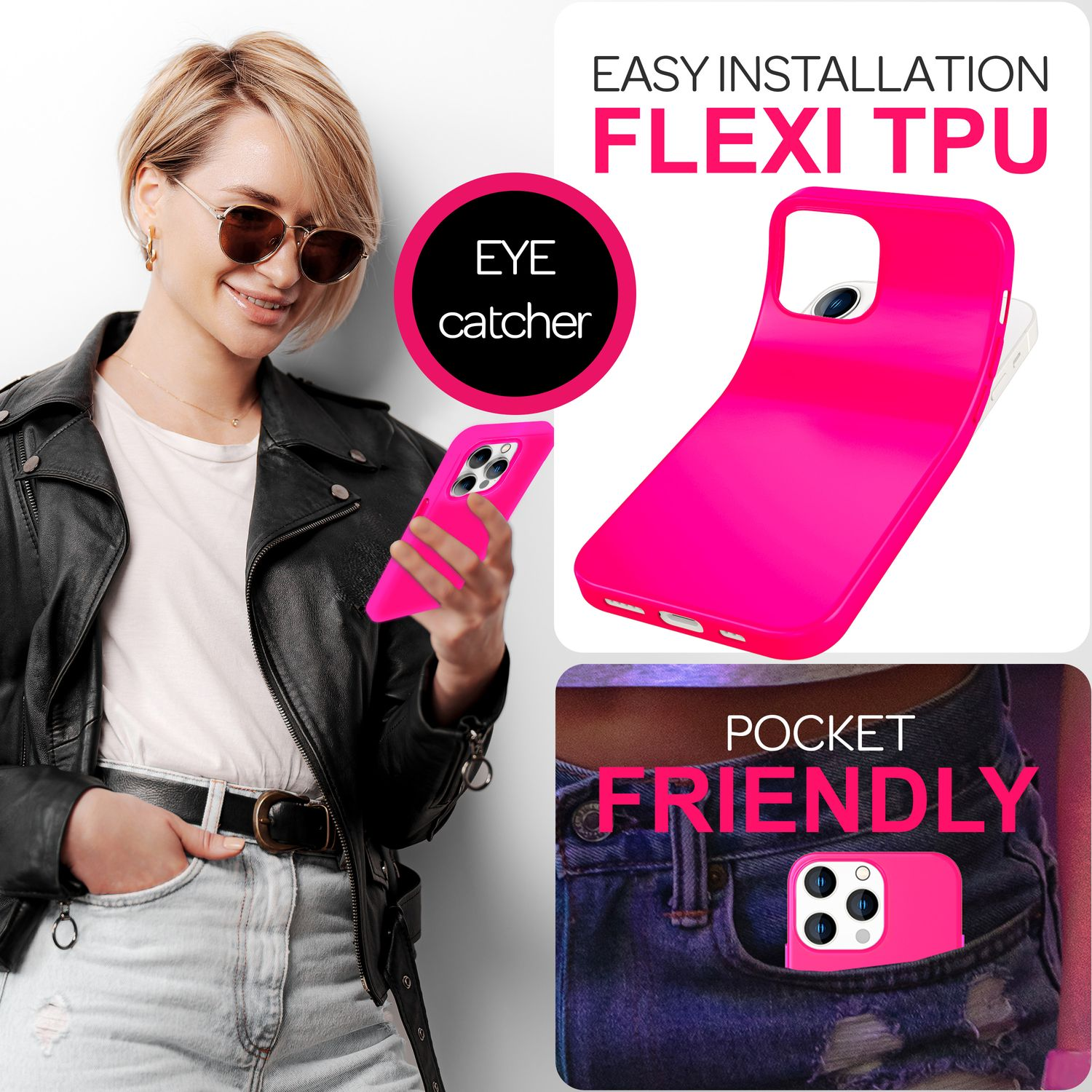 Frau hält pinkfarbenes Telefon. Bild zeigt Text 'Eye Catcher' und 'Pocket Friendly' auf der Hülle.