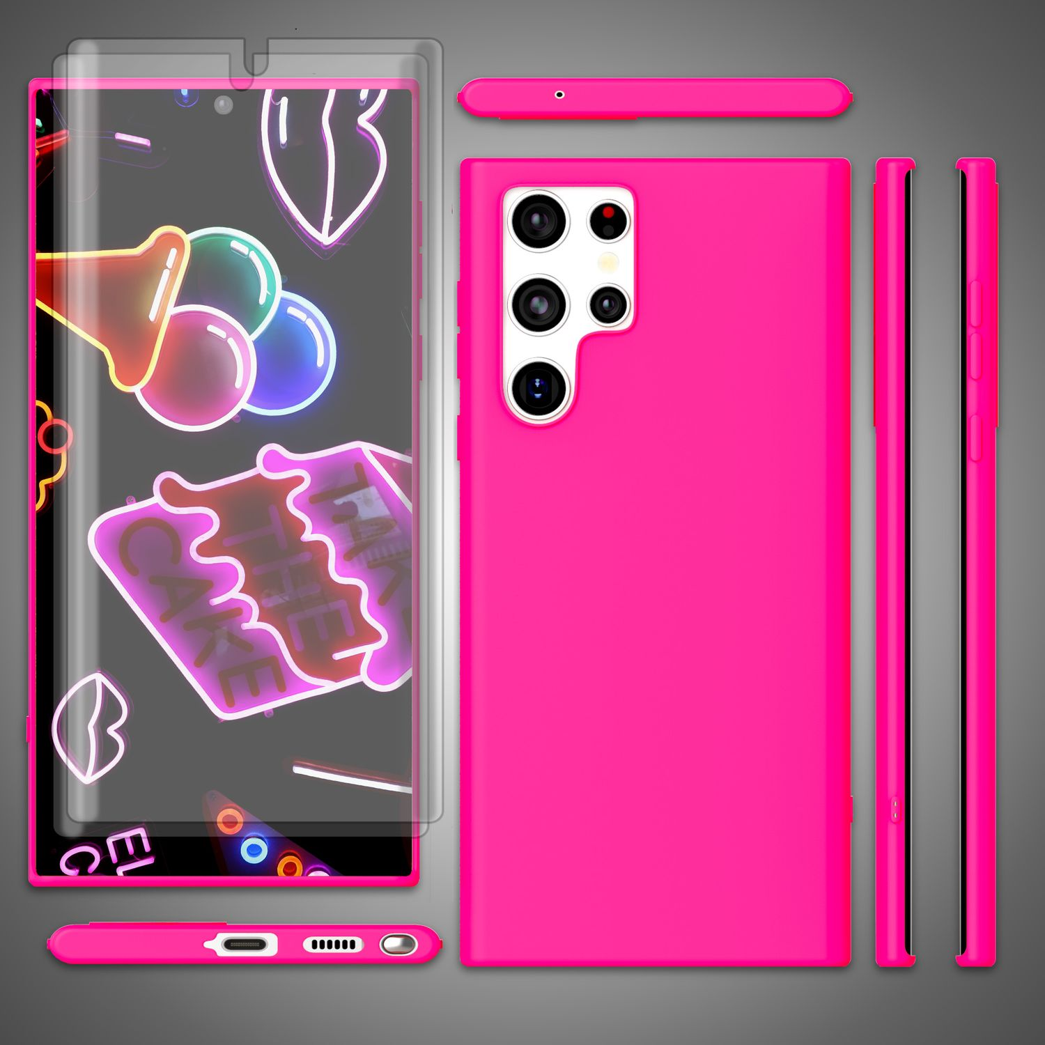Eine pinkfarbene Handyhülle mit Displayschutzfolie und einem Bild eines Designs. Verschiedene Winkel der Hülle werden gezeigt.