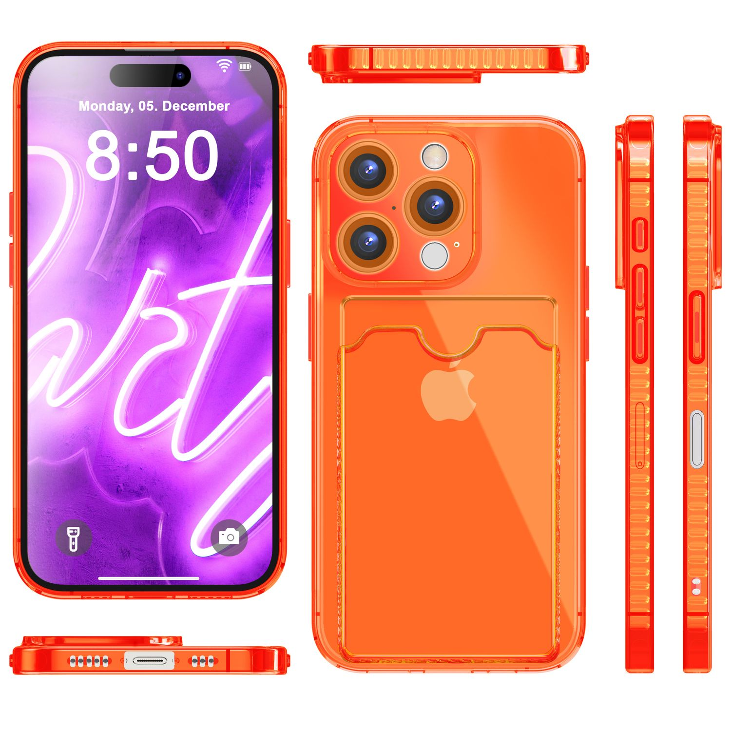 Eine orangefarbene Handyhülle mit Kartenhalter und einem Bild des Bildschirms des Telefons. Verschiedene Winkel der Hülle werden gezeigt.