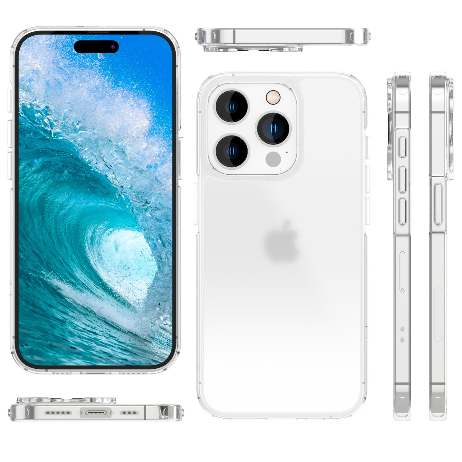 iPhone dans un étui transparent. Plusieurs vues montrent le téléphone et l'étui sous différents angles.
