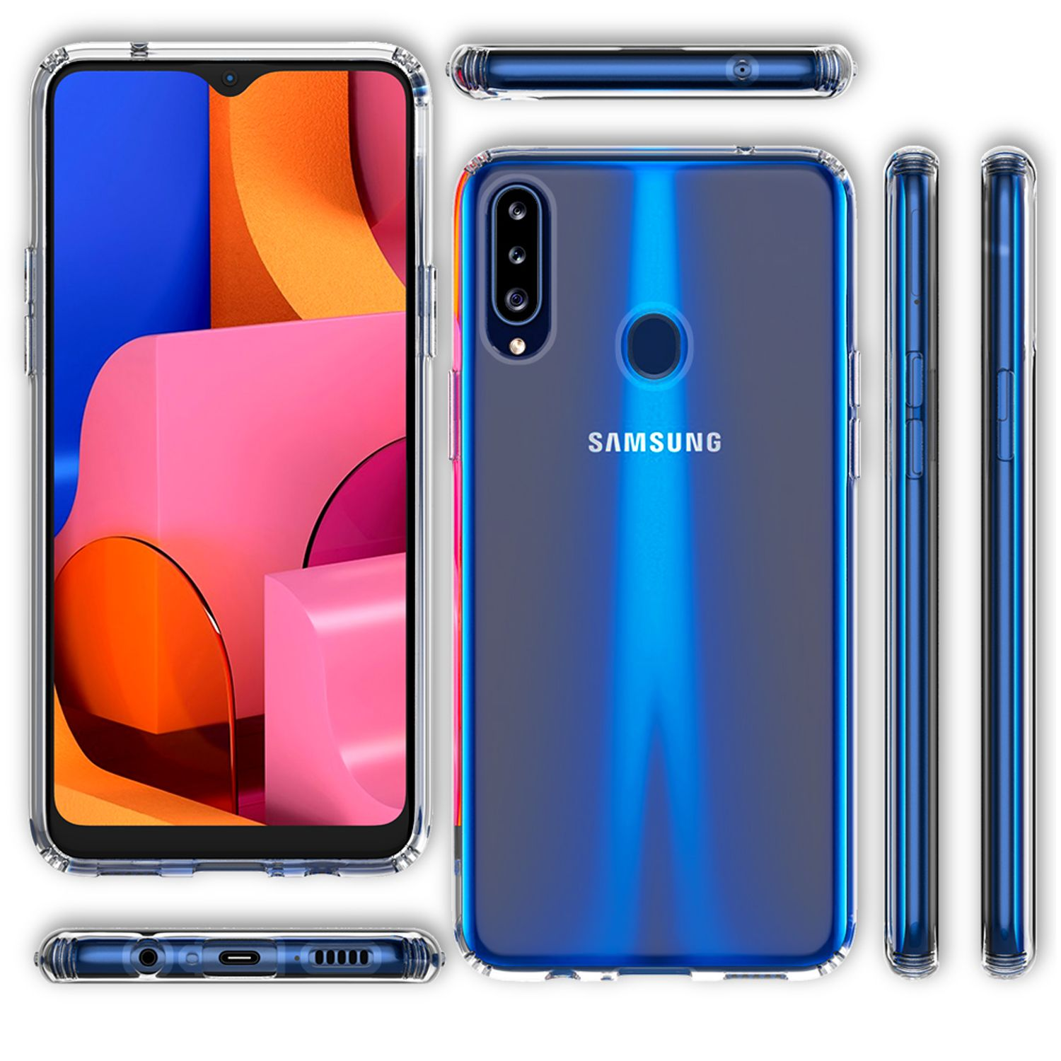 Samsung-Handy in einer transparenten Hülle. Mehrere Ansichten zeigen das Telefon und die Hülle aus verschiedenen Winkeln.